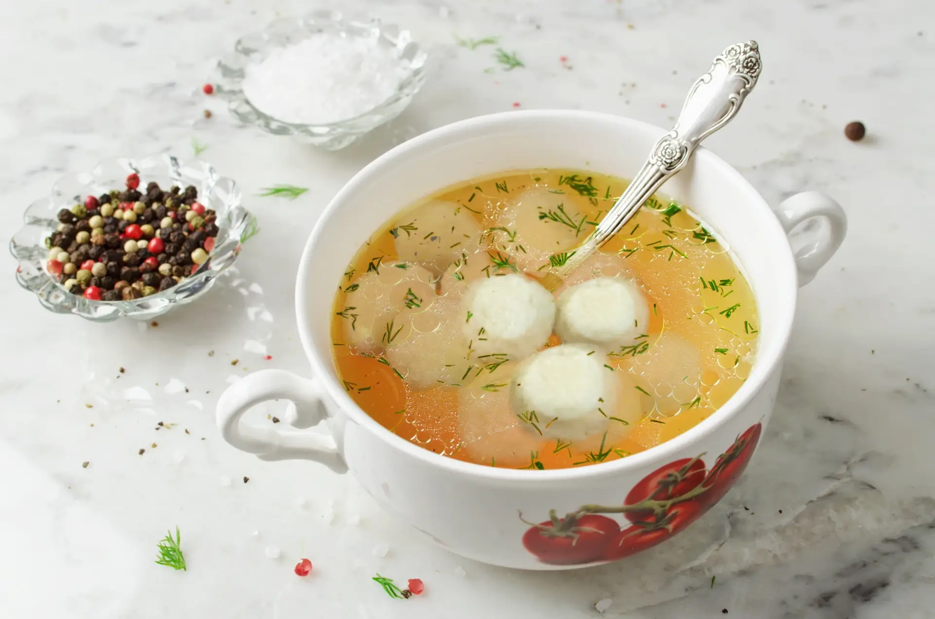 Klassische Suppe mit Grießklößchen in einer Suppenschüssel
